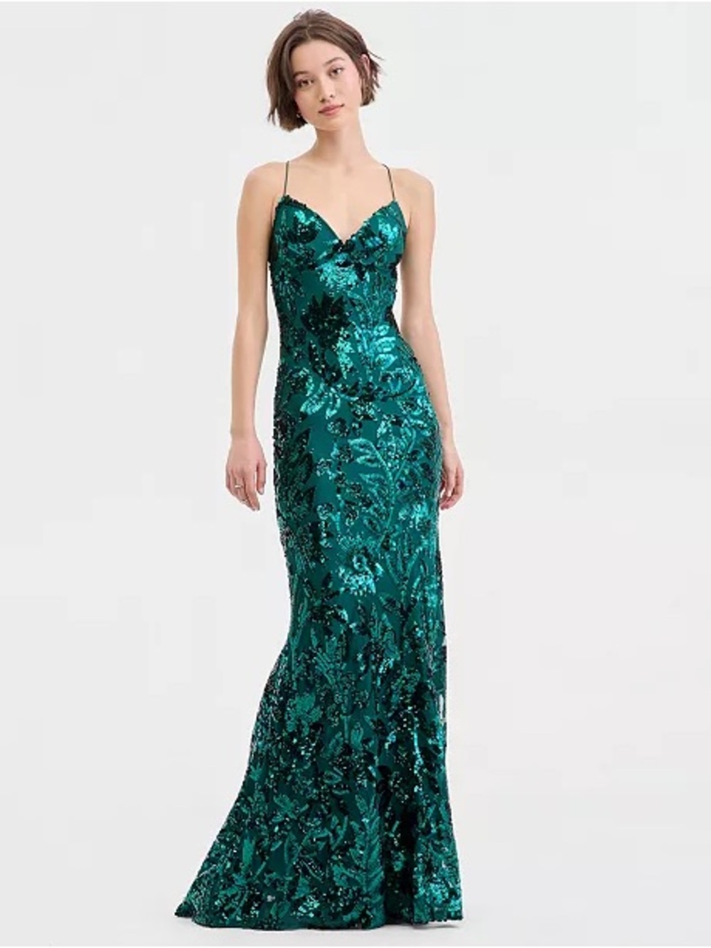 B. Smart Spaghetti Strap Sweetheart Gown with Floral Sequin Pattern W/Slit